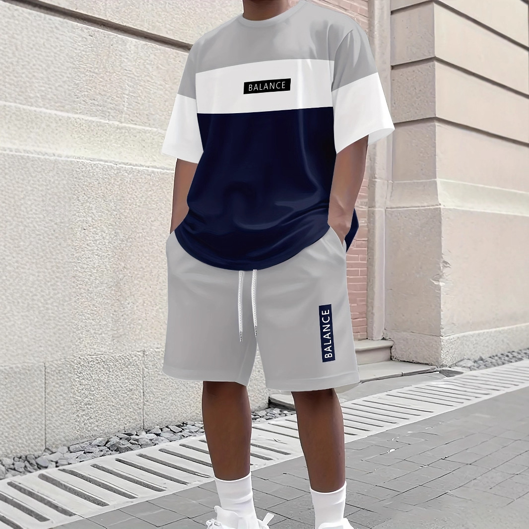 Completo estivo da uomo a due pezzi, vestibilità ampia, camicia a maniche corte e pantaloncini, taglie forti, t-shirt incluse, elegante completo basic in poliestere._voghion.com