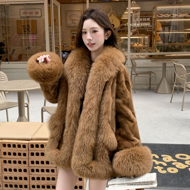 2025 Winter New Imported Mink Coat for Women with Fox Fur Collar, Mink Fur Mid-Length Casual Loose Fashion