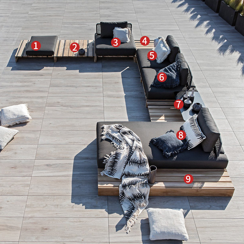 Sofá de ratán de teca al aire libre, patio, balcón al aire libre, jardín, ocio, hotel, muebles creativos de madera maciza