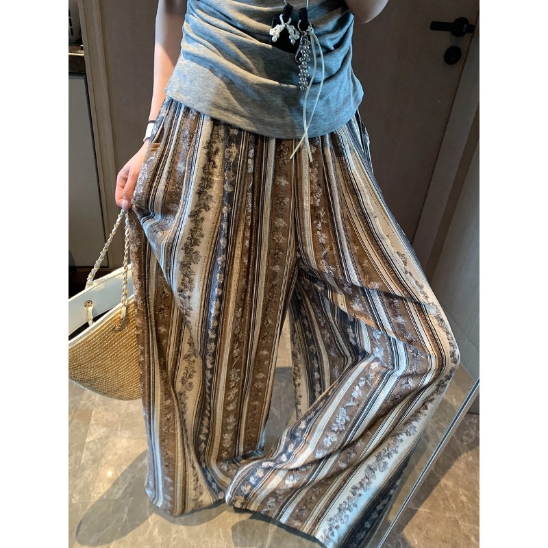 Mochie Southern French Resort Style Retro Ethnic Style Printed Elastic High-Waisted Loose Wide-Leg Casual Pants Mq1465