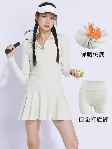 Jinxi Autumn and Winter Warm Velvet Sports Tennis Skirt with Lapel Long Sleeves Anti-Exposure A-Line Skirt Dress for Women New Versatile Style