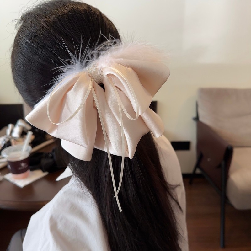韩版气质淑女毛毛蝴蝶结半扎抓夹后脑勺布艺高级感中号鲨鱼夹子女|undefined
