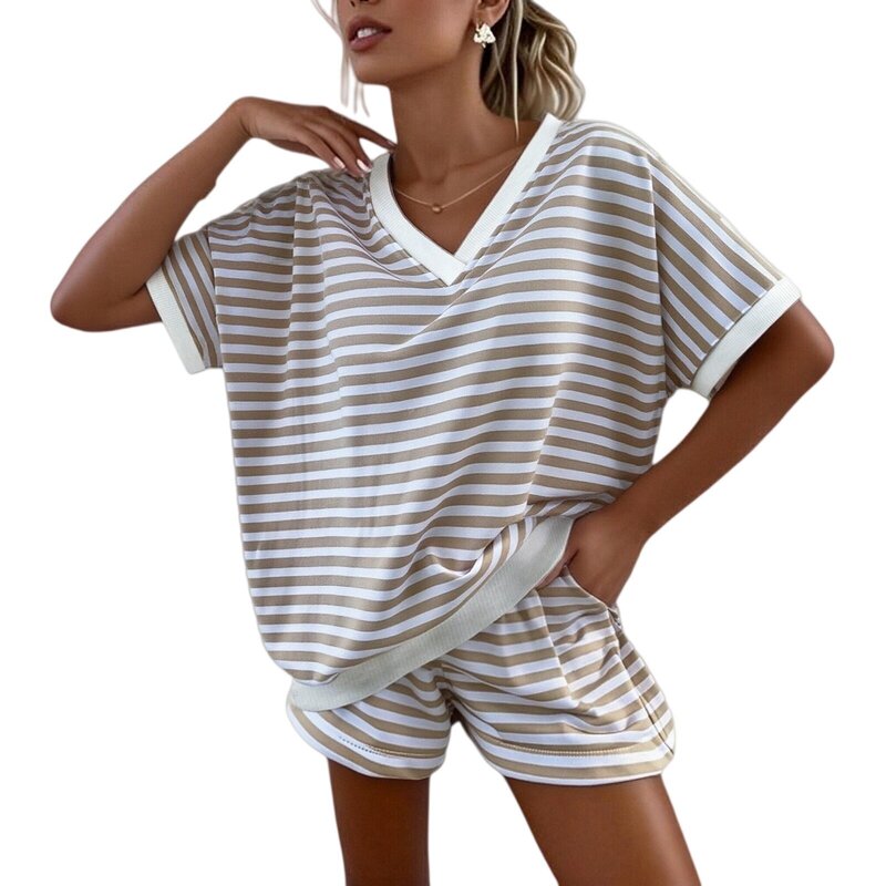 Amazon's New Summer Style Women's Casual Striped Suit Short-Sleeved V-Neck Loose Top Sports Shorts 2-Piece Set for Women Amazon's New Summer Style Women's Casual Striped Suit Short-Sleeved V-Neck Loose Top Sports Shorts 2-Piece Set for Women