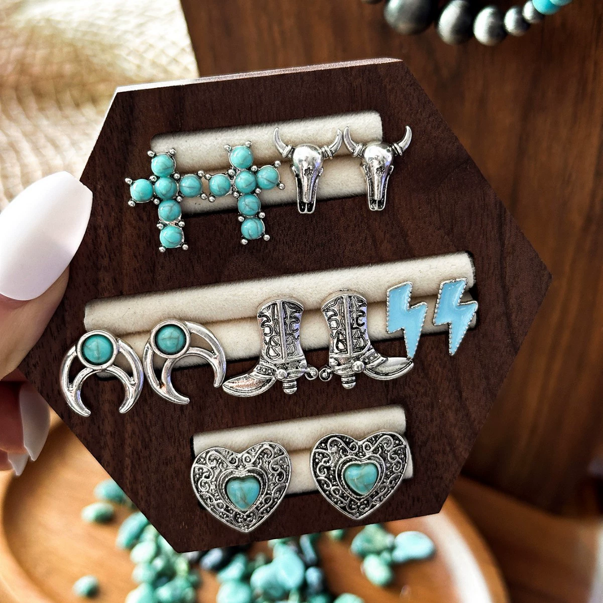 Denim turquoise retro ethnic earrings, ethnic style, flowered