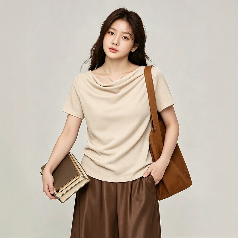 Plus-Size Summer Lyocell Top with Tencel Cool-Touch Drape Collar, Slimming Effect, 100kg High-End T-Shirt 3665 Plus-Size Summer Lyocell Top with Tencel Cool-Touch Drape Collar, Slimming Effect, 100kg High-End T-Shirt 3665