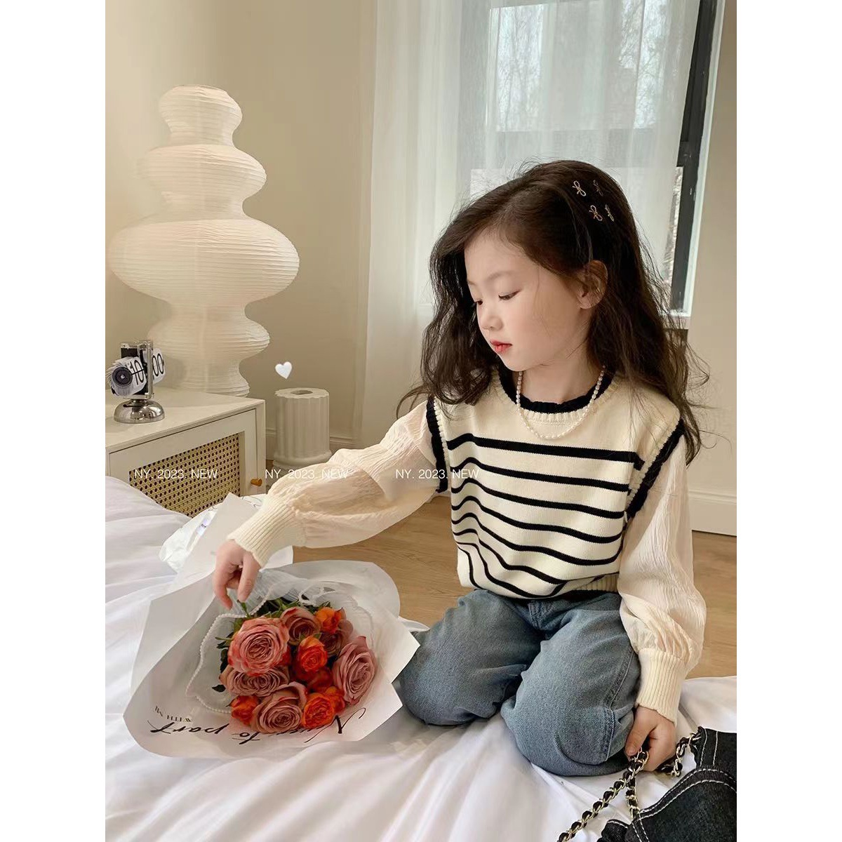新款女童春秋装童装女孩条纹针织衫洋气中大童上衣长袖儿童毛衣