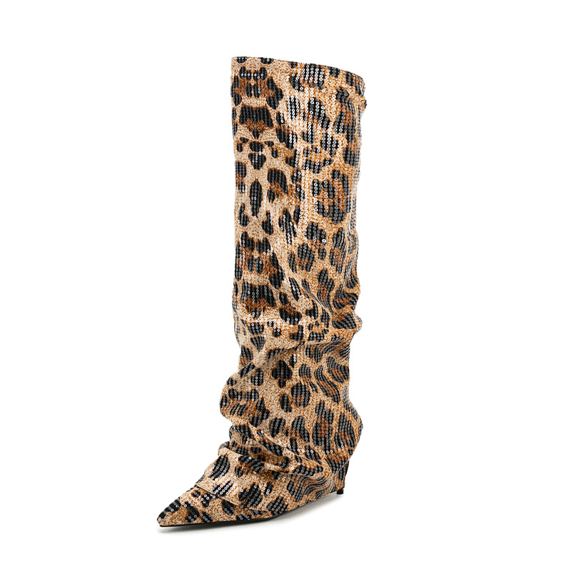 European and American Style Leopard Print Suede Boots ~ New Pointed Toe Spliced Cuff Pleated Sleeve Super High Heel Knee Boots for Women European and American Style Leopard Print Suede Boots ~ New Pointed Toe Spliced Cuff Pleated Sleeve Super High Heel Knee Boots for Women