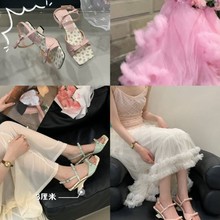 2025新款夏季方头拼色蝴蝶结小众田园风坡跟一字带露趾女凉鞋