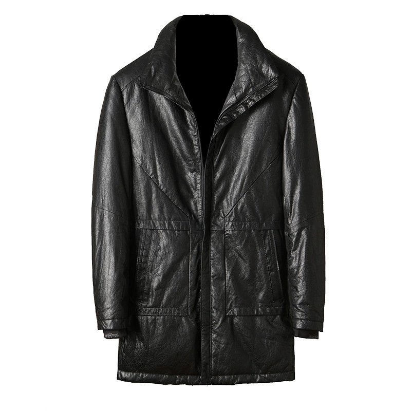 Men's long down jacket, genuine leather outer, thickened insulation, plus sizes (black)