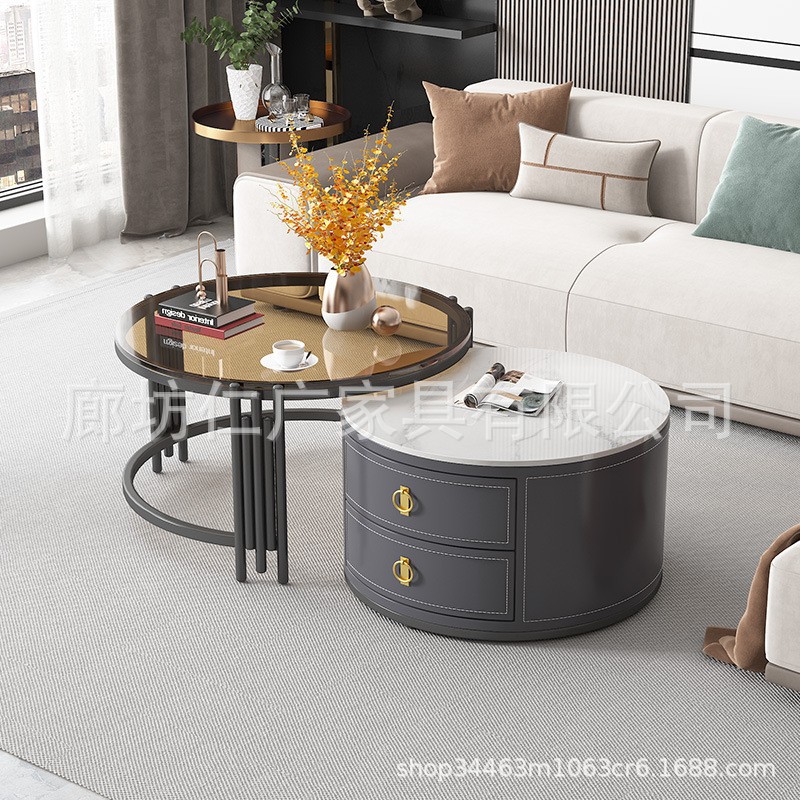 Mesa de centro moderna de lujo ligero de celebridades de Internet, balcón de la sala de estar nórdica, mesa de té de vidrio redonda, mesa de centro de pizarra de tamaño pequeño para el hogar