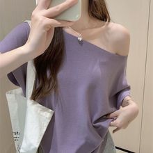 2025新款斜肩蝙蝠袖莫代尔T恤女夏季百搭慵懒宽松显瘦设计感上衣