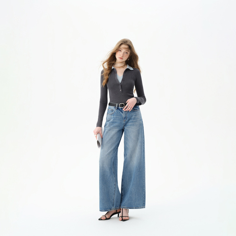 2026 Spring High-Waisted Wide-Leg Light Luxury Jeans for Women, Washed Pure Cotton, Petite Straight-Leg Floor-Length Pants for Tall Women