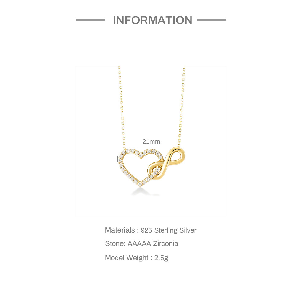 5g Weight 925 Sterling Silver Zircon Cable Chain Plating Inlay Infinity Heart Shape Necklace