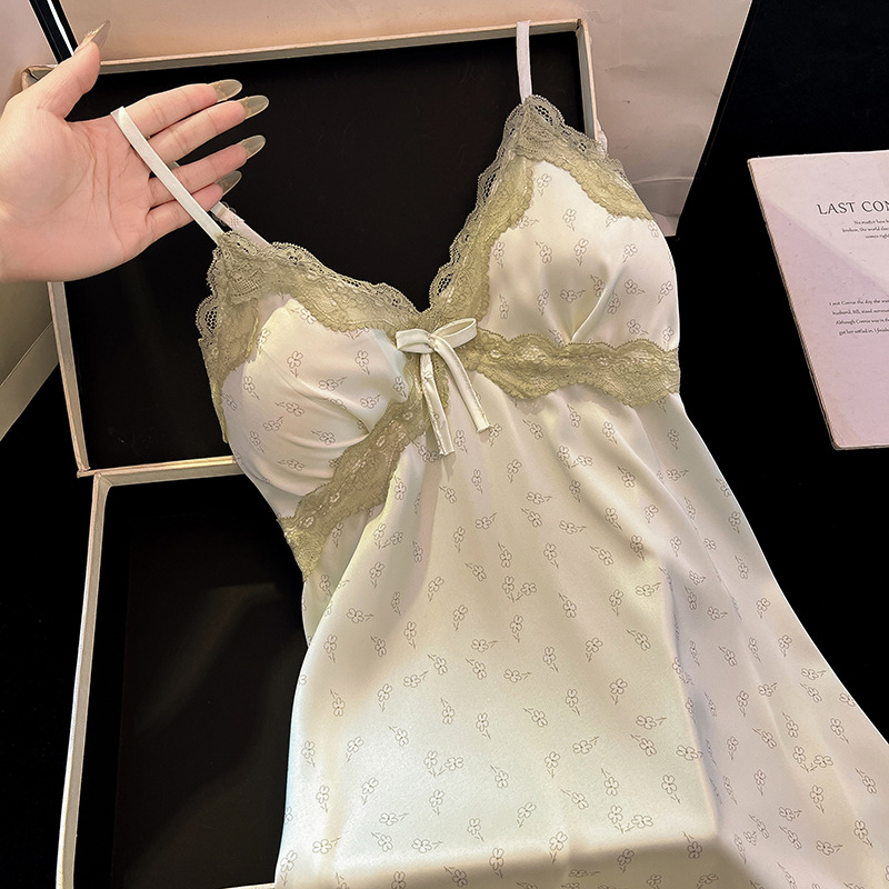 Ice Silk Suspender Nightgown for Women Summer Sexy Lace Embroidered Pure Desire French Pajamas Dress with Breast Pads Home Clothes