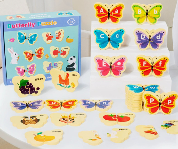 Transfronterizos de dibujos animados de madera para niños 26 letras inglesas palabras cognitiva educación temprana puzzle tranquilo juguetes