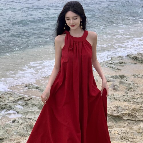 Double pockets design, holiday style, sleeveless red dress, women's 2025 new summer seaside lace long dress