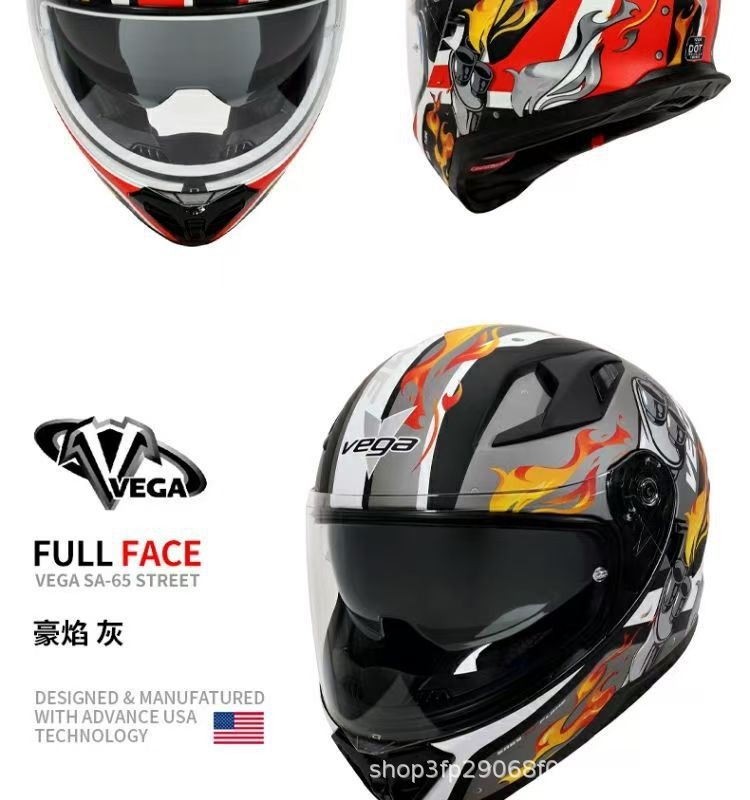 American Vega Motorcycle Helmet for Men and Women, Bluetooth Racing Helmet, Four-Season Sun Protection Full-Face Helmet, Retro Motorcycle Helmet with Large Tail Wing, 3C