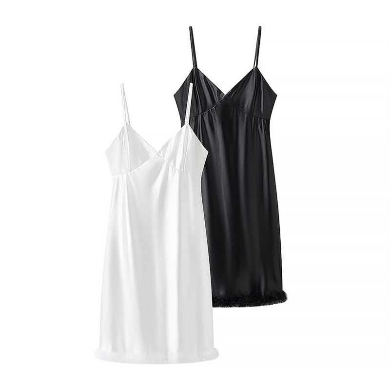 Cross-Border Export 2025 European and American Style Women's New V Neck Sleeveless Backless Dress Feather Trim Suspender Dress