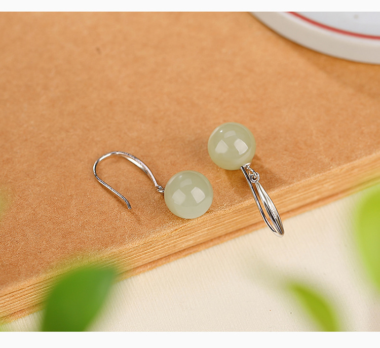 Bông tai bạc S925 mạ vàng đính ngọc Hetian phong cách cổ điển hạt tròn hình học — Kiểu màu bạc chi tiết 6