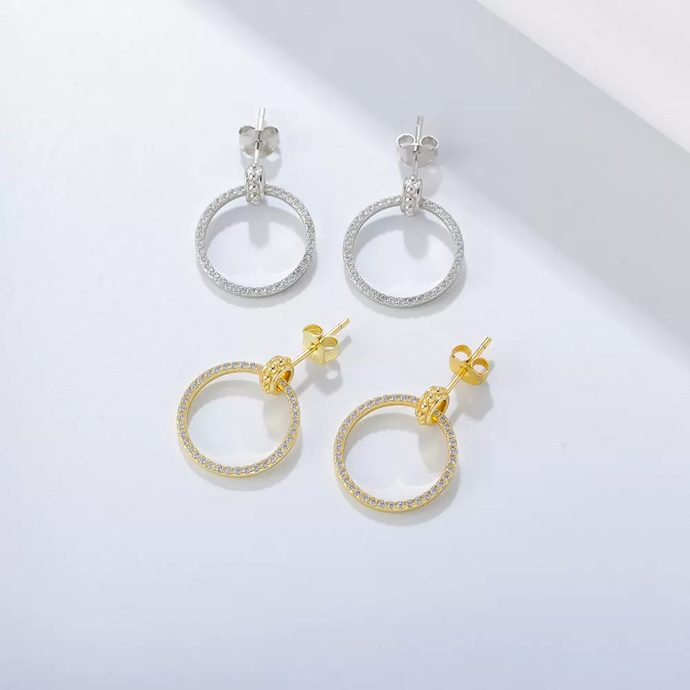 S925纯银微镶锆石缕空几何圆圈圆环耳钉耳饰品批发欧美跨境配饰