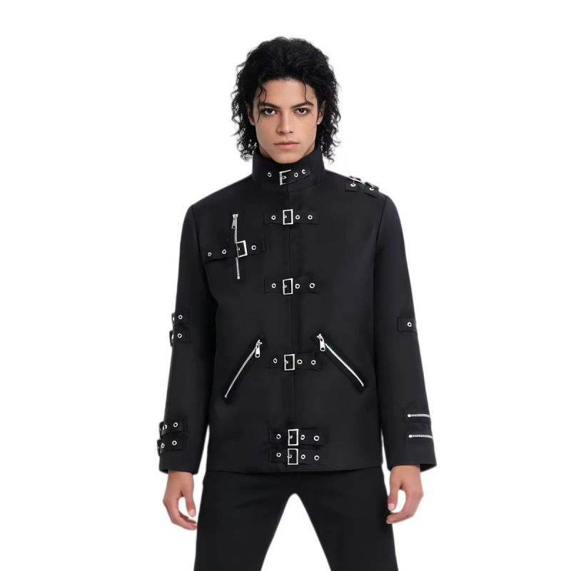 Dark functional stand-up collar work jacket for men, metal buckle straps, zipper, black outerwear, high street punk, loose and casual Dark functional stand-up collar work jacket for men, metal buckle straps, zipper, black outerwear, high street punk, loose and casual
