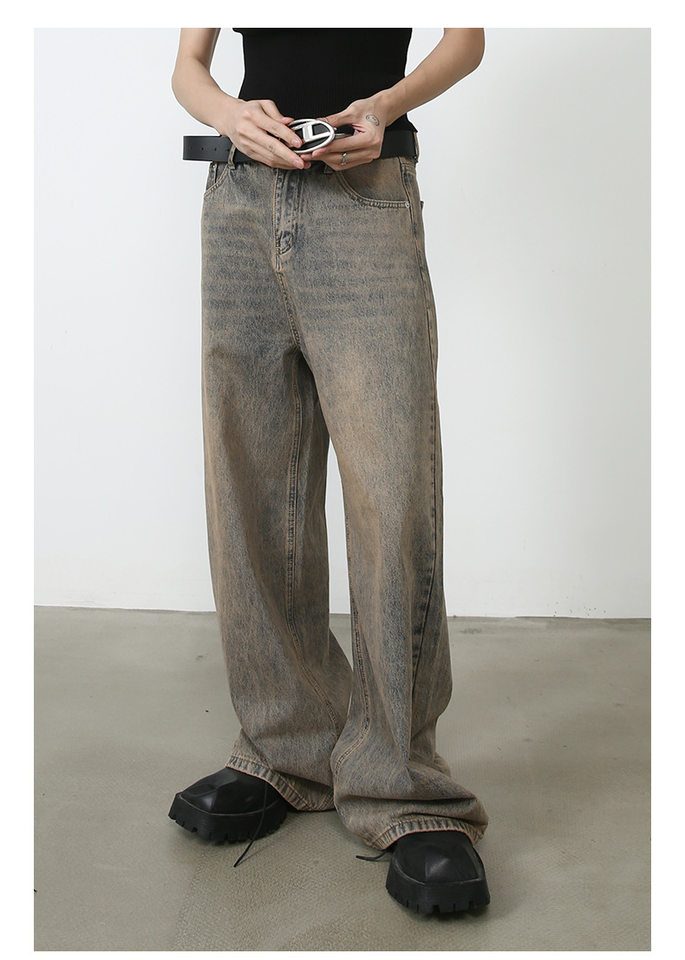 Quần jeans nam ống rộng phong cách retro, dáng suông dài chạm gót, lưng cạp vừa — Vàng gỉ chi tiết 6
