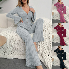 外贸热销欧美跨境睡衣女绒感V领长袖长裤女士可外穿家居服pajama