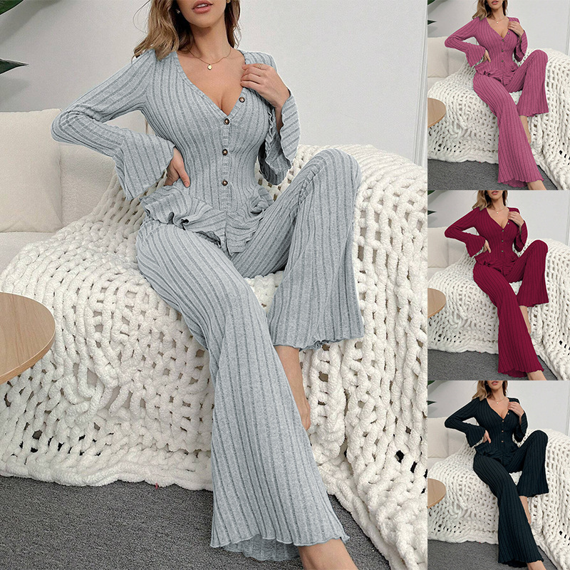 European and American Cross-Border Women's Fleece Pajamas with Ribbed Wave Ruffles, V-Neck, Long Sleeves, and Long Pants, Suitable for Wearing Outside as Loungewear