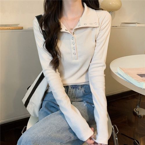 Korean Spring and Autumn Design Sensory Tapered Long Sleeve T-shirt for Women, European Version Outerwear Collar Knit Top for Women, INS Base Shirt