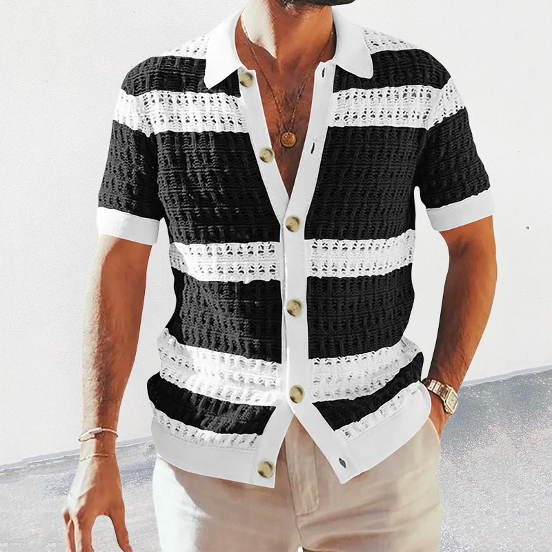 Men's Knit Shirt With Turn-down Collar And Color Block Design_voghion.com