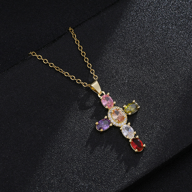 Copper Material Fashion Cross Copper 18k Gold Plated Zircon Pendant Necklace In Bulk