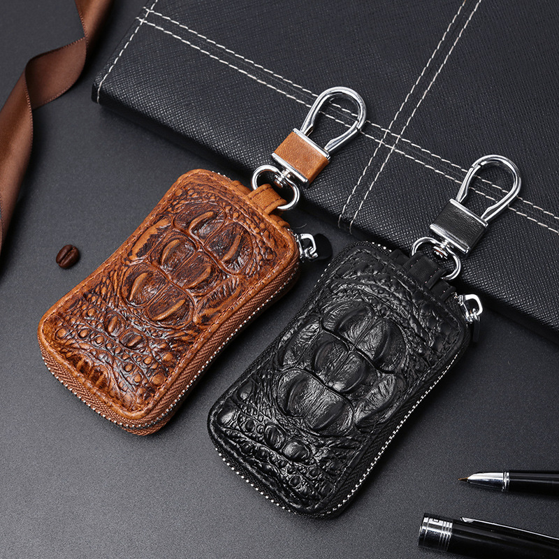 Patrón de cocodrilo curvado caja de la llave del coche primera capa de piel de vaca de gran capacidad bolsa de cuero genuino hombres y mujeres de la cadena dominante multifuncional