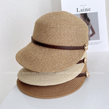 文艺简约金扣PU带马术帽子女夏季防晒草帽复古鸭舌帽通勤报童帽潮