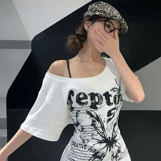 休闲新款夏季美式复古露肩白色短袖t恤女抽绳收腰显瘦斜肩上衣潮