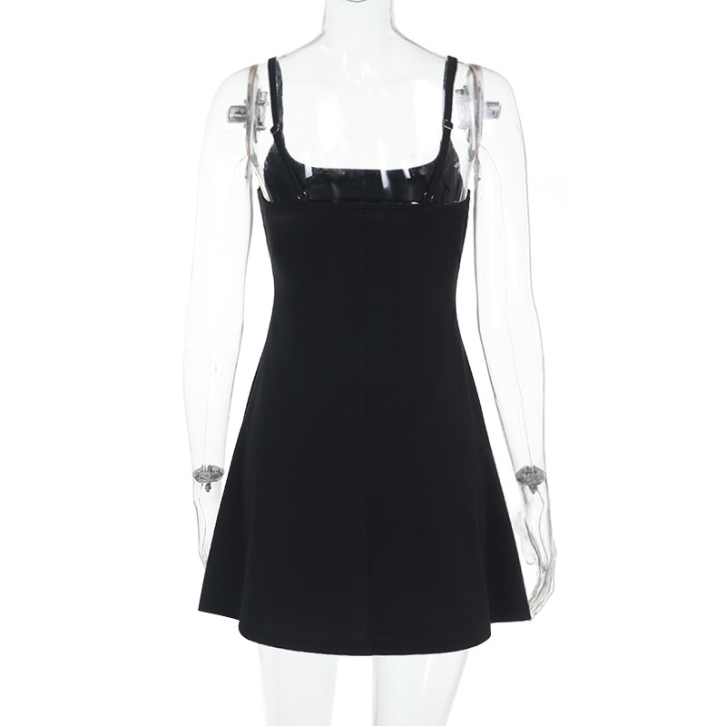 Summer Suspender Sexy Square Neck Lace Trim Slim Fit Slit Sexy Dress