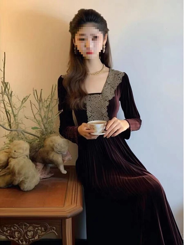 French-Style Elegant and Graceful Long Dress, Stunning Hepburn-Style Formal Occasion Velvet Dress French-Style Elegant and Graceful Long Dress, Stunning Hepburn-Style Formal Occasion Velvet Dress