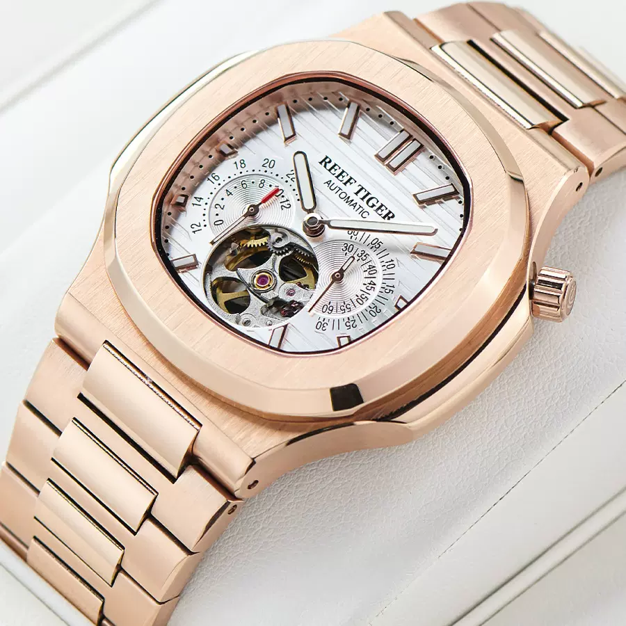 Reef Tiger瑞夫泰格定制鹦鹉螺设计镂空多功能自动机械方形男手表