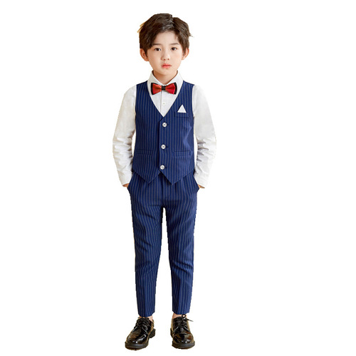 Spring Children's Costume for Boys Gentleman Suit Children Baby Birthday Performance Dress Vest and Trousers Striped Set White Collared Shirt