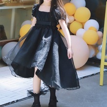韩版女童连衣裙2024新款夏装洋气黑色泡泡袖儿童表演主持礼服裙子