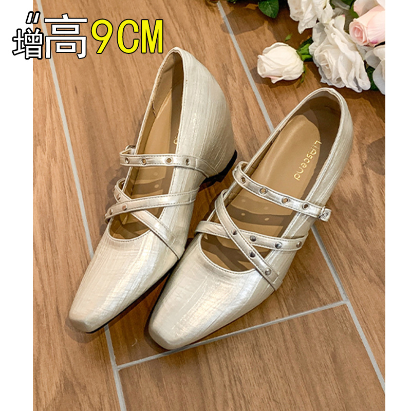 2026春法式复古晚晚玛丽珍9cm内增高单鞋女铆钉交叉带坡跟高跟鞋