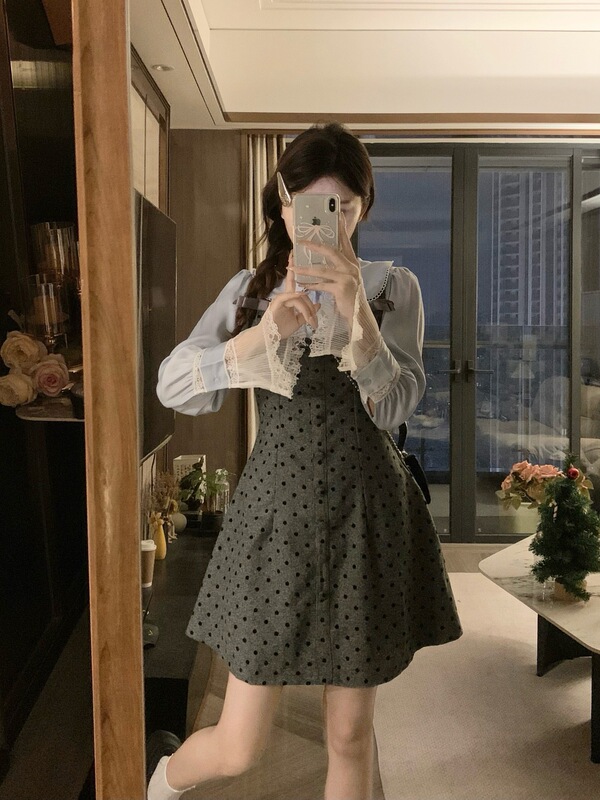 大码女装波点早秋拼接穿搭连衣裙+蓝色衬衣显瘦两件套|undefined