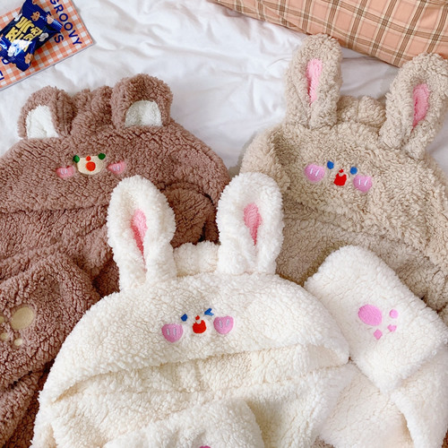 Cute Rui Rui rabbit ear protection hat and scarf one-piece female autumn and winter sweet student hooded plush warm Korean version trendy
