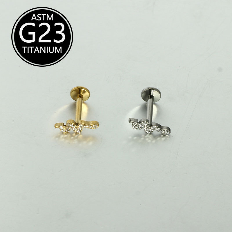F136 Titanium Lip Piercing Jewelry G23 Flat Bottom Zircon Bone Nail Nose Stud Snake Style Elegant Wholesale detail image 7