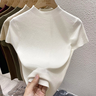 Women's half turtleneck knitted bottoming shirt design sense niche autumn and winter inner wear white short sleeve T-shirt Slim sweater top
