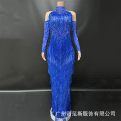 新款个性蓝色层层流苏亮片blingbling水钻长裙歌手主持派对晚礼服