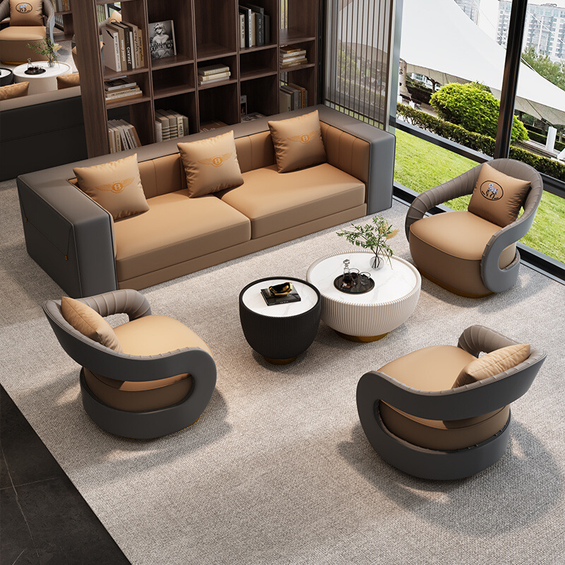 轻奢皮沙发高端商务洽谈桌椅组合办公室接待贵宾休息布艺沙发茶几