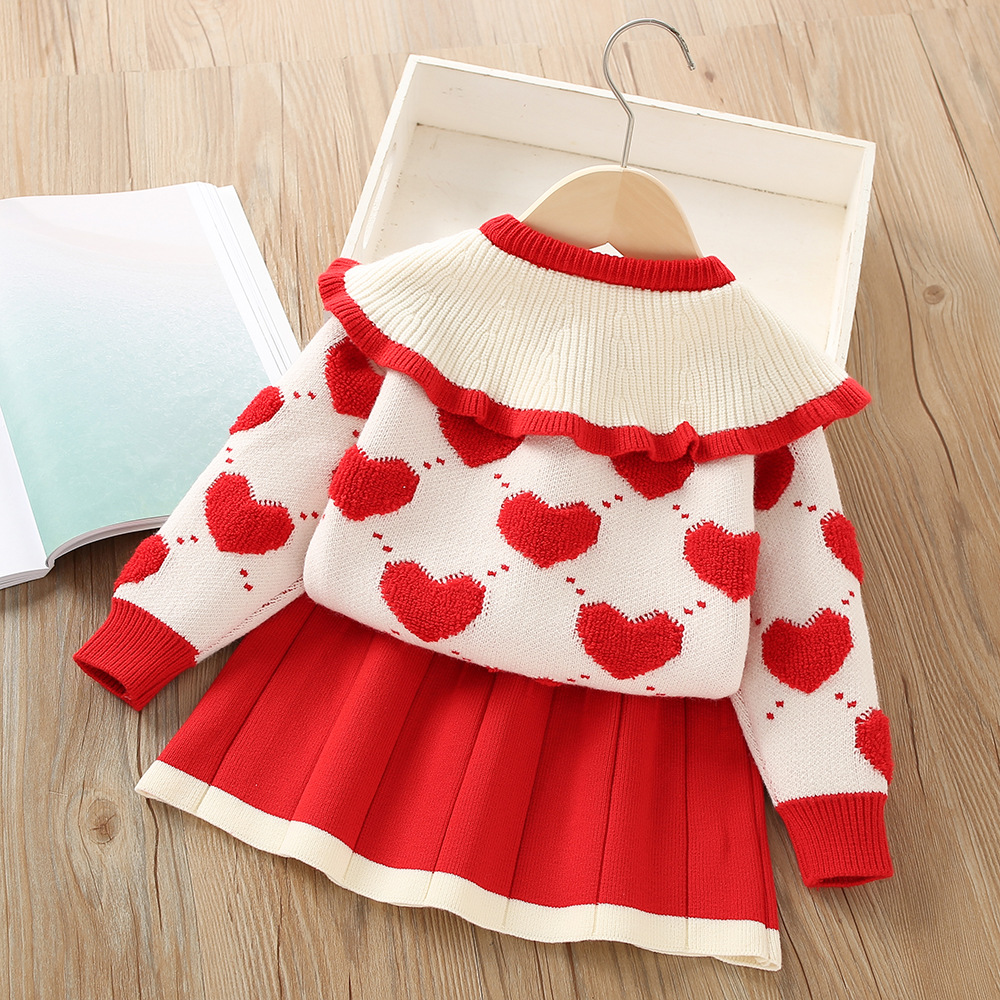 480g Weight Kids Clothing Sets Children's Clothing Type Long Sleeve Sleeve Length Polyacrylonitrile Fiber Fabric Type Skirt Sets Sets Type 2 Pieces Set Quantity Holiday, Daily, Selfie Occasion Round Neck Neckline Regular Fit Fit Type Heart Shape Pattern Winter, Spring, Autumn Season Girl'S Gender Casual, Elegant, Cute Style Casual Elegant Cute Heart Shape Polyacrylonitrile Fiber Girls Clothing Sets 3
