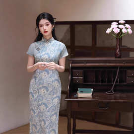 双鲤锦2026夏款短袖单层麻蓝色素雅改良旗袍清新港风气质民国风