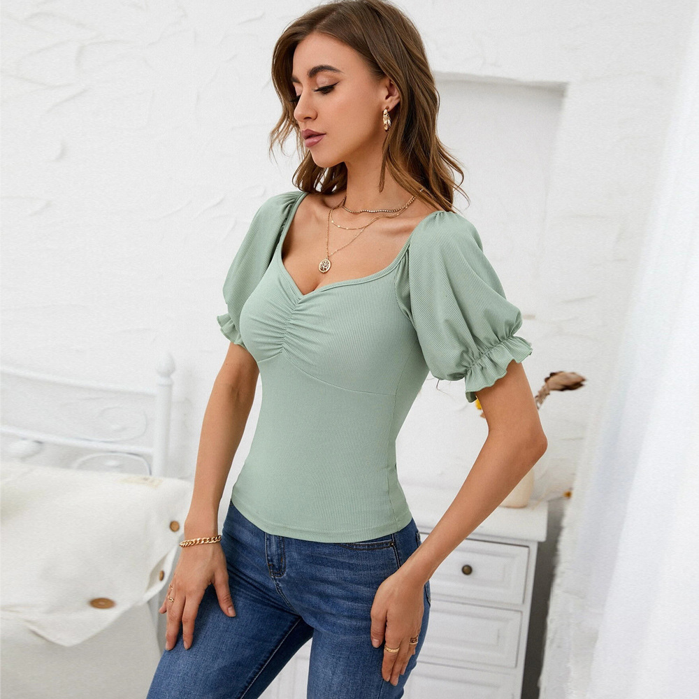 solid color v-neck waist slim puff sleeve knitted top NSYSQ128236