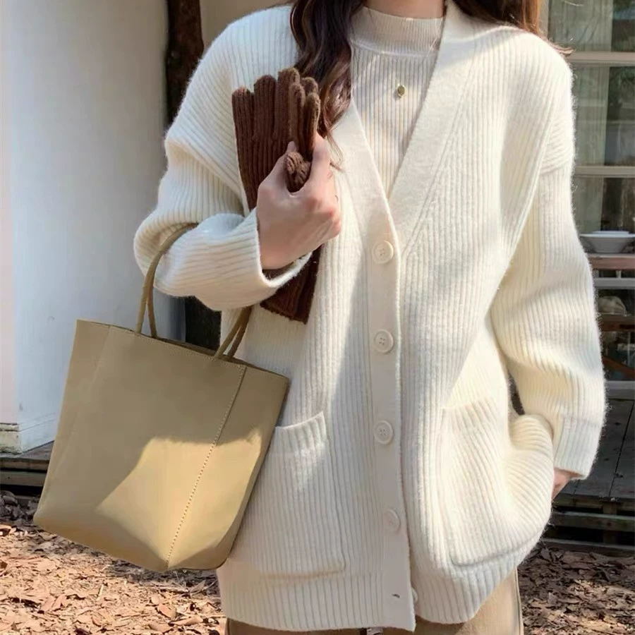 Ленивый стиль, однобортный свитер с v-образным вырезом, кардиган, женская куртка, весенне-осенний свободный вязаный универсальный топ большого размера в корейском стиле